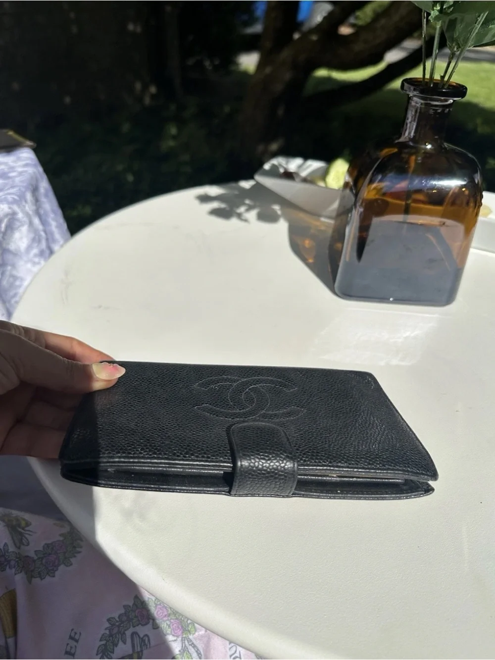 CHANEL Black Caviar Leather Phone Wallet Case with CC Logo Tri Fold Vintage